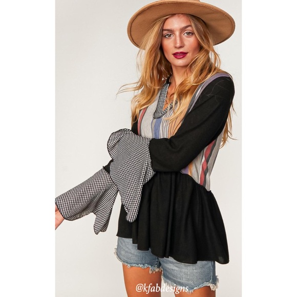 LAST 1! V Neck So Soft Multi Color Block French Terry Ruffle Sleeves and Hem Top - Picture 5 of 8